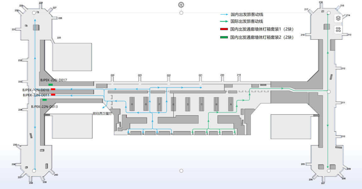 北京首都机场广告-T2国内出发通廊灯箱套装位置图