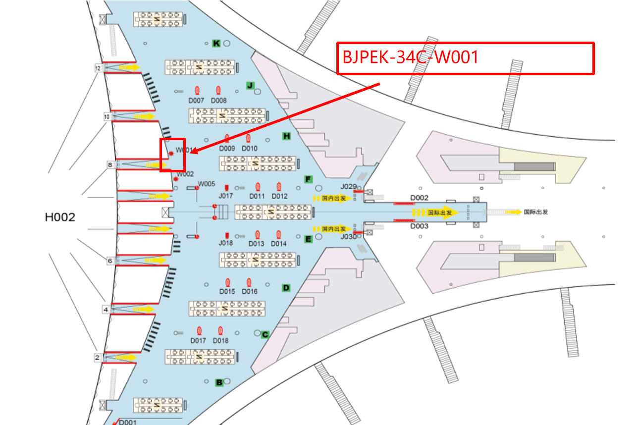 北京首都机场广告-T3出发大厅展位W001位置图