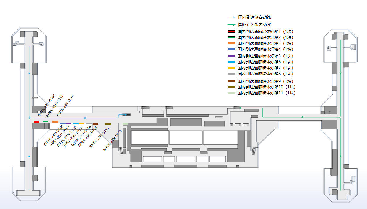北京首都机场广告-T2国内到达通廊灯箱位置图