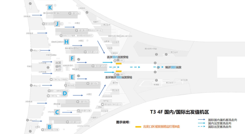北京首都机场广告-T3国际&国内出发候机区灯箱套装位置图