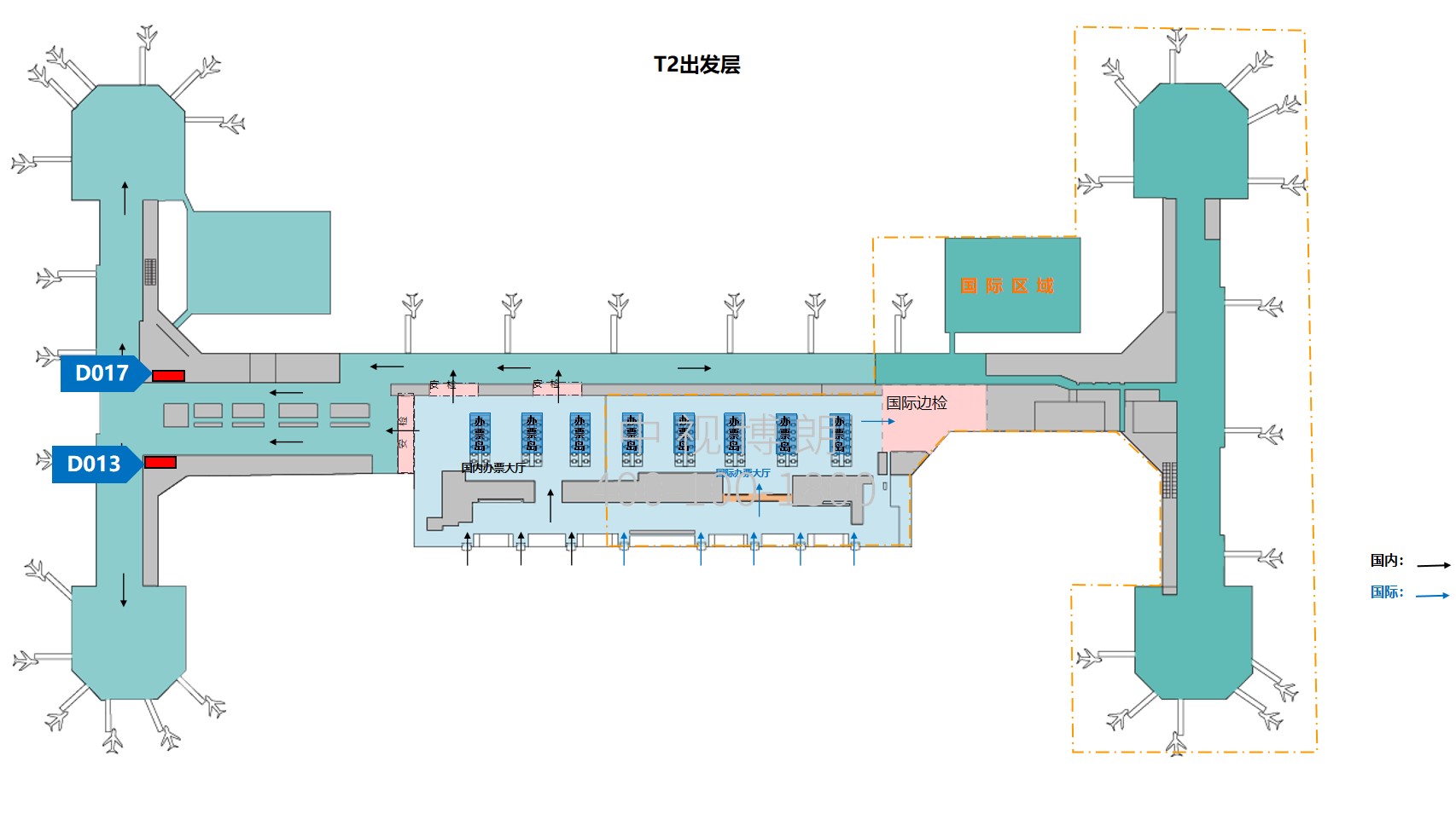 北京首都机场广告-T2国内出发东西通廊灯箱套装位置图