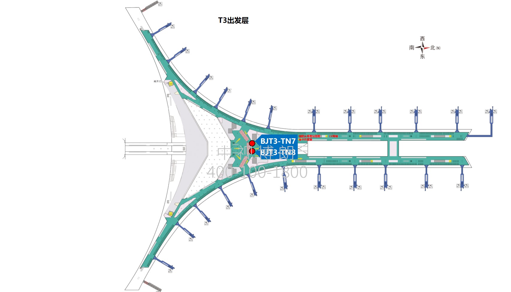 北京首都机场广告-T3国内安检后图腾灯箱套装位置图
