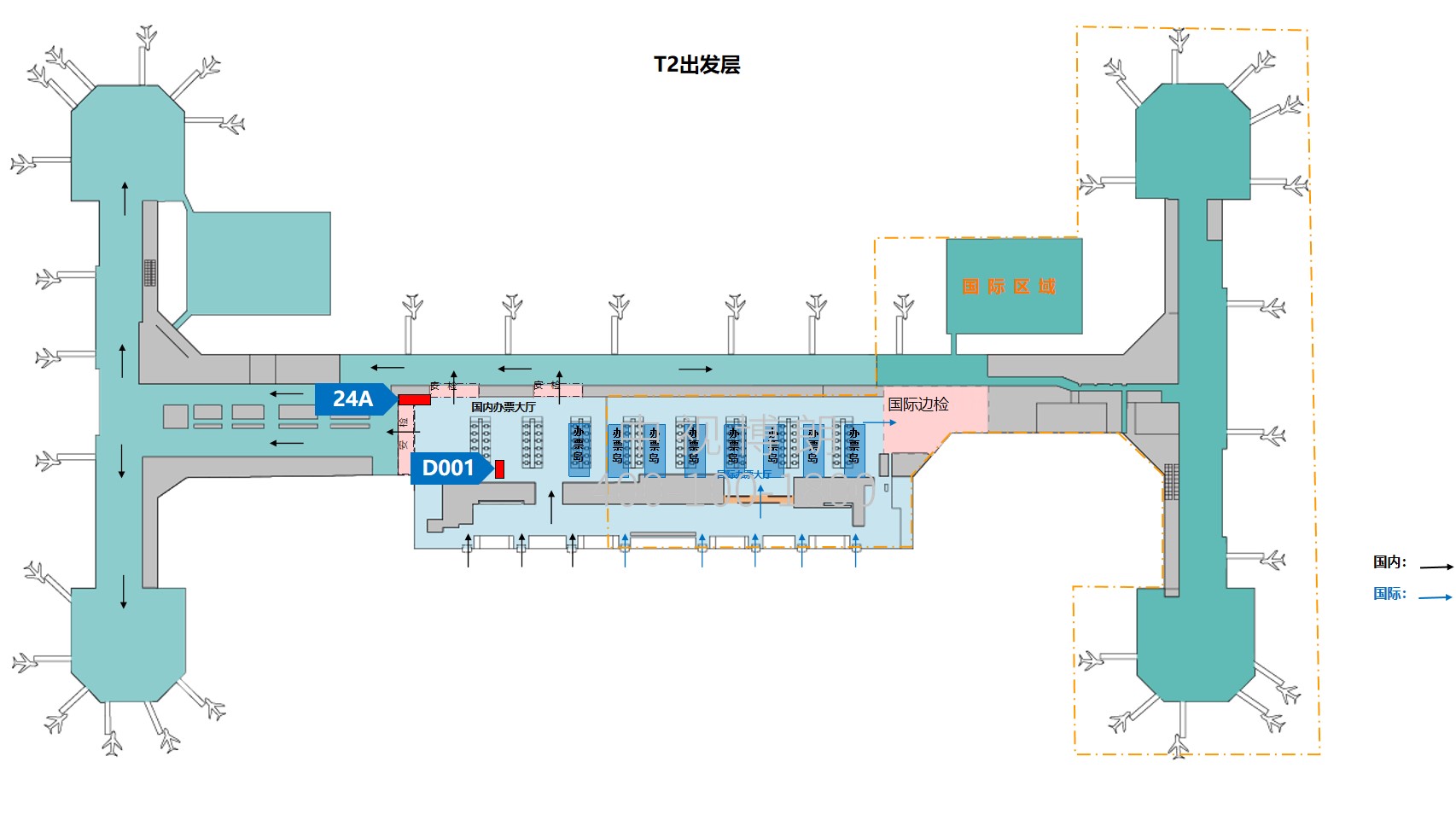 北京首都机场广告-T2国内出发通廊灯箱套装位置图