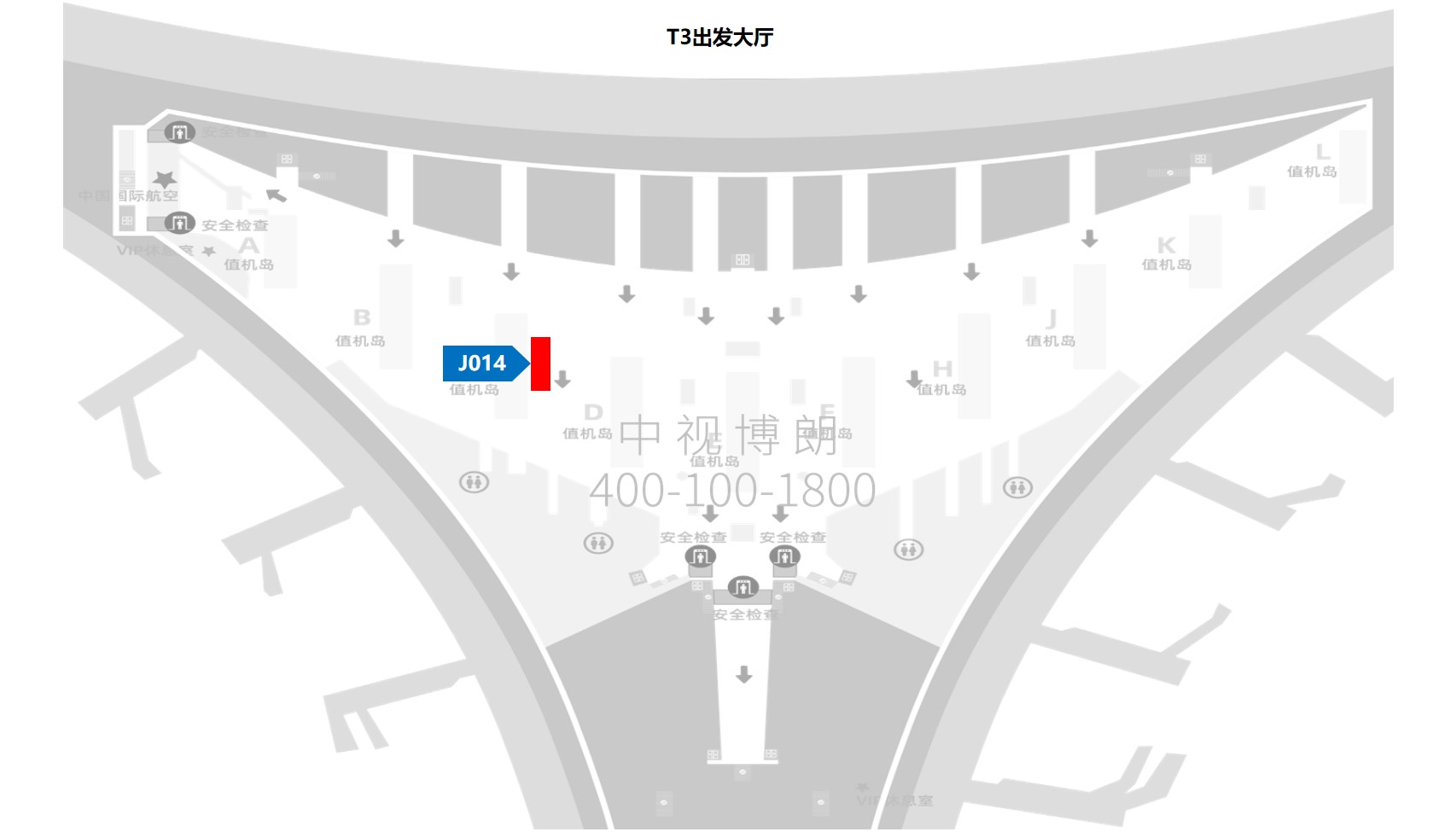 北京首都机场广告-T3出发大厅图腾灯箱J014位置图