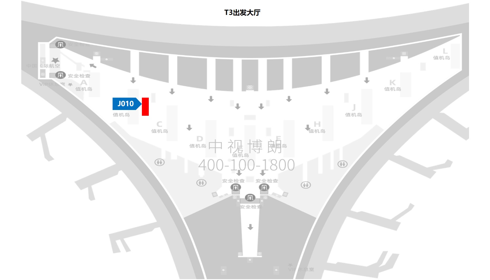 北京首都机场广告-T3出发大厅图腾灯箱J010位置图
