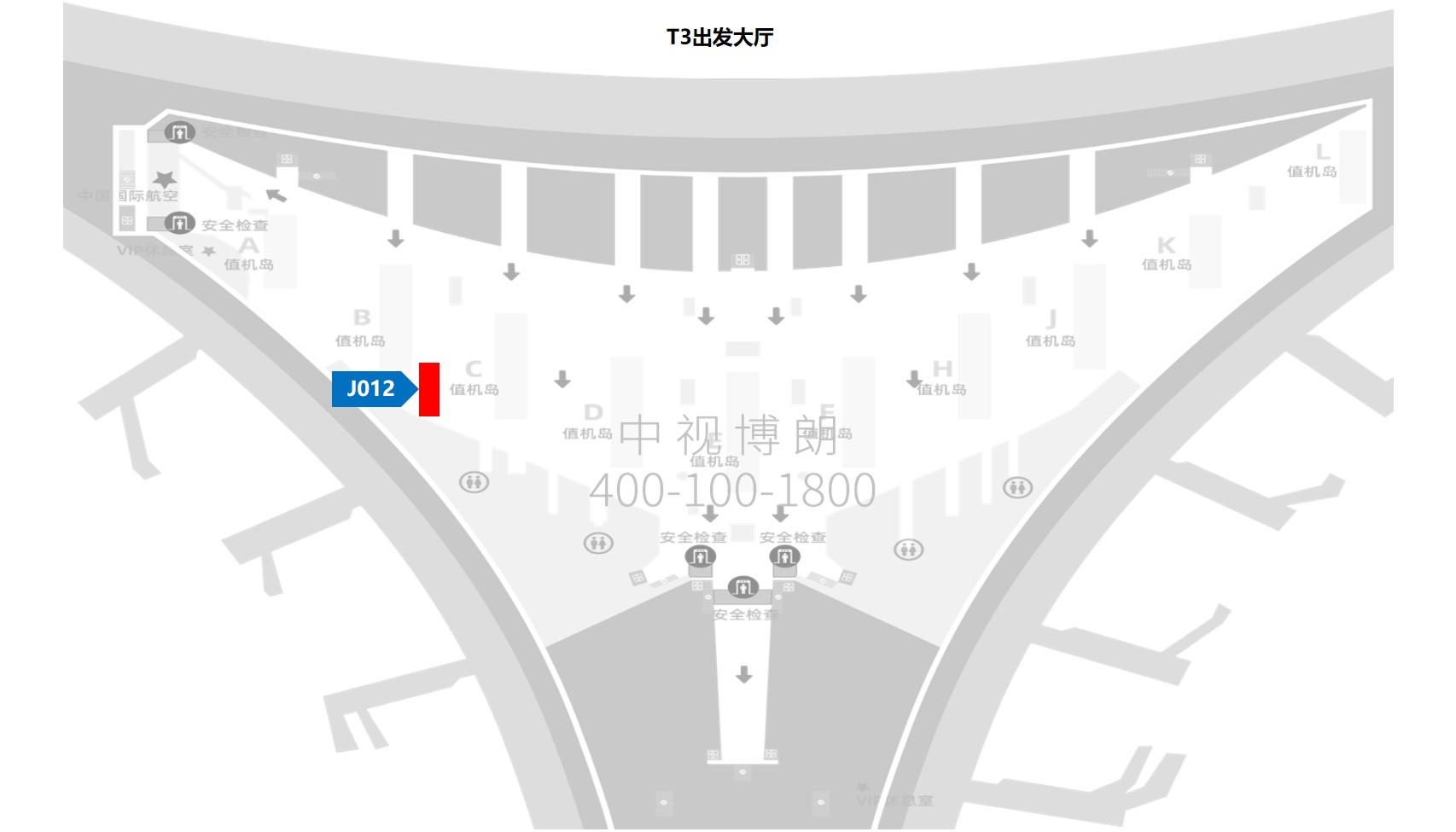 北京首都机场广告-T3出发大厅图腾灯箱J012位置图