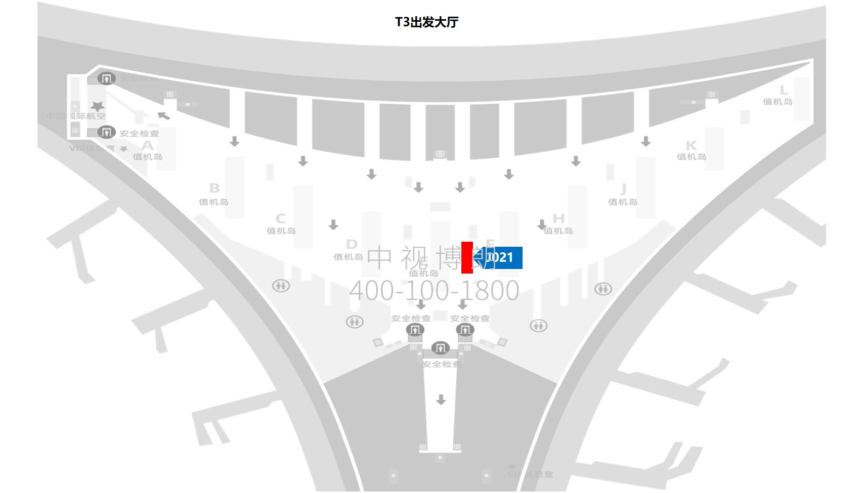 北京首都机场广告-T3出发大厅图腾灯箱J021位置图