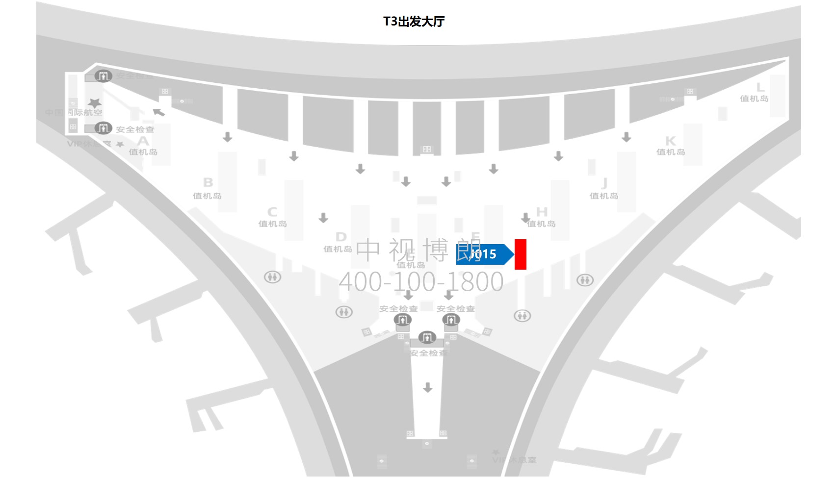 北京首都机场广告-T3出发大厅图腾灯箱J015位置图
