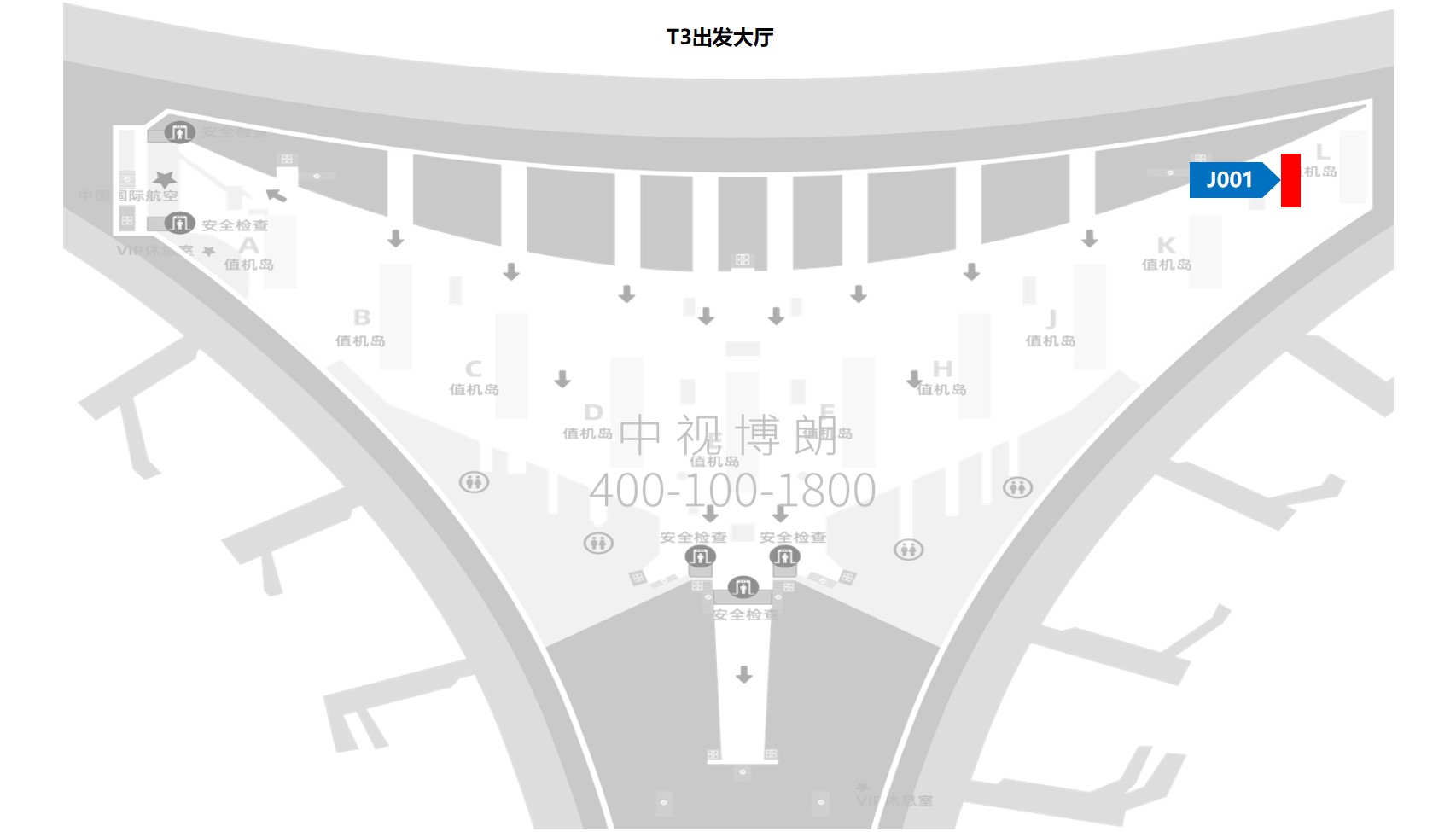 北京首都机场广告-T3出发大厅图腾灯箱J001位置图
