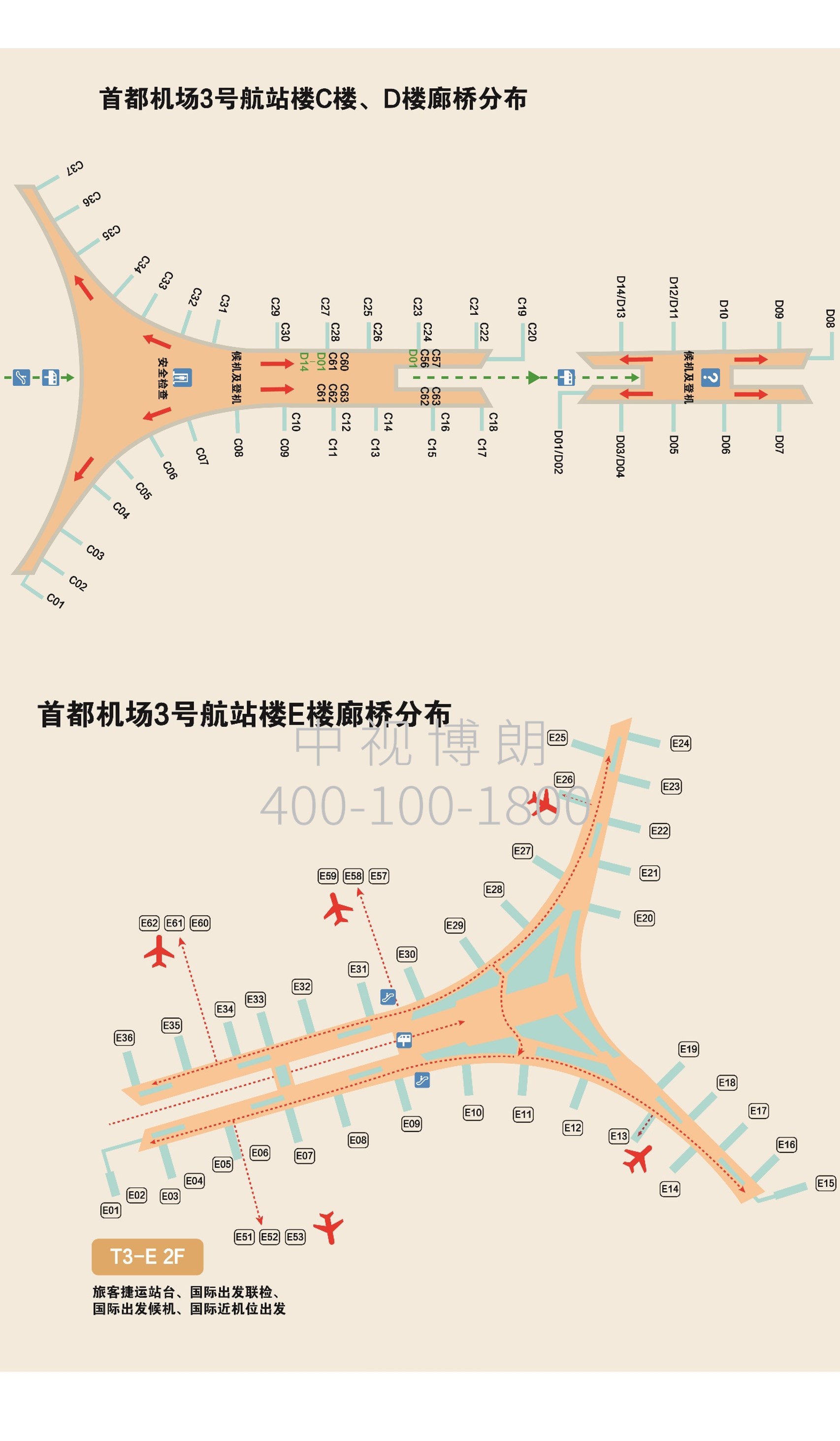 北京首都机场广告-T3内廊桥看板套装1-4位置图