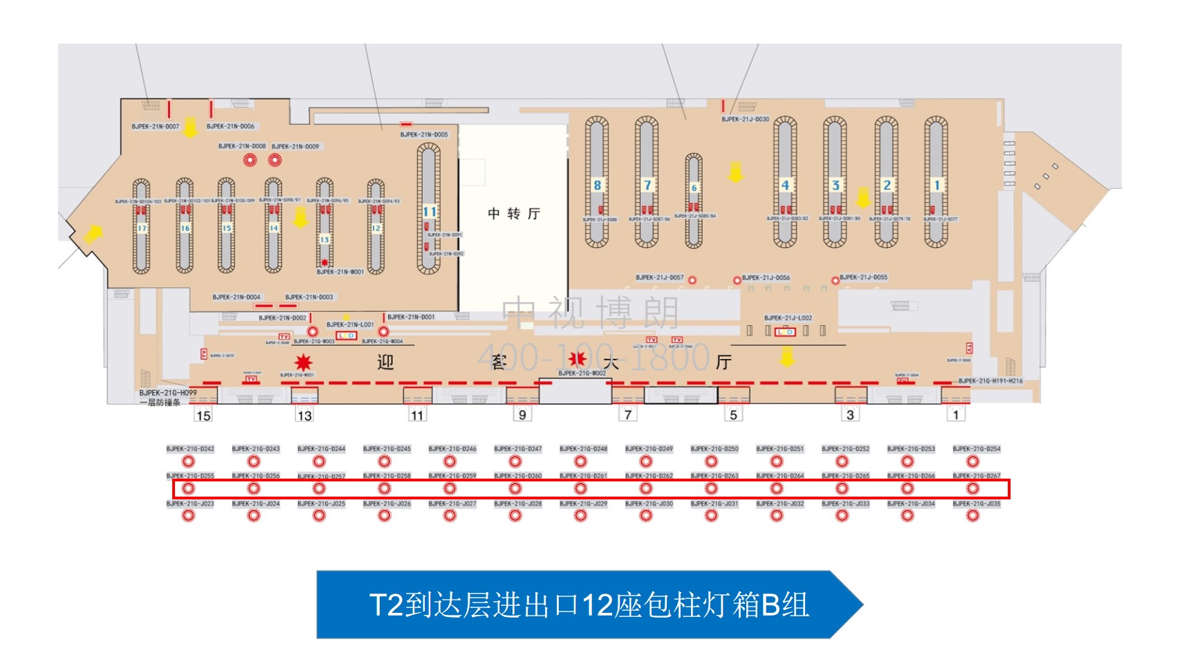 北京首都机场广告-T2到达进出口12座包柱灯箱B组位置图
