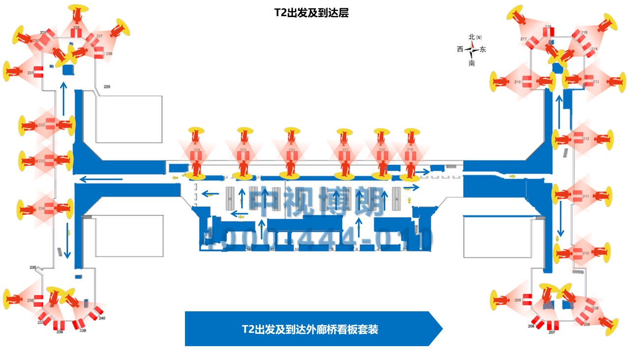 北京首都机场广告-T2出发及到达外廊桥看板套装位置图