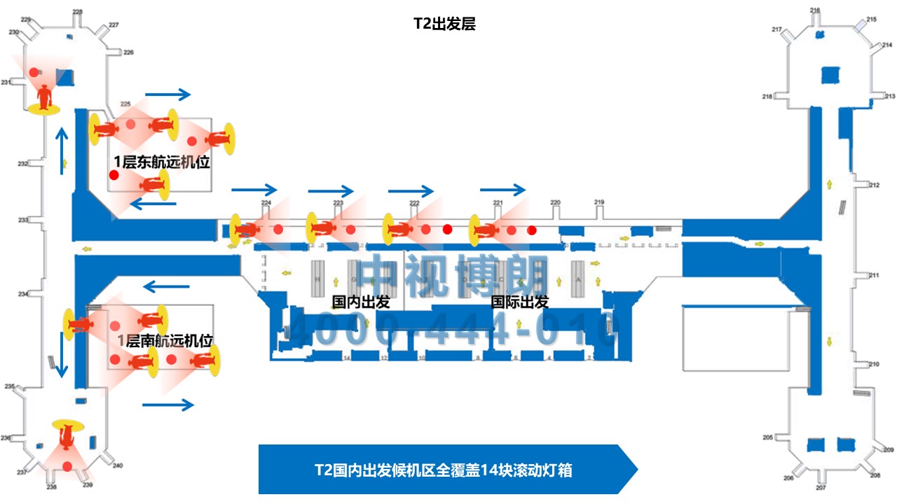 北京首都机场广告-T2国内出发候机区滚动灯箱01位置图