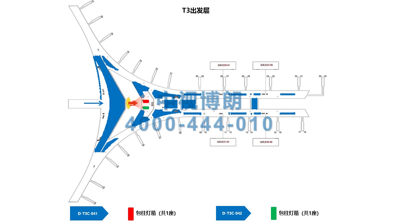 北京首都机场广告-T3C出发人流汇集处四面包柱灯箱位置图