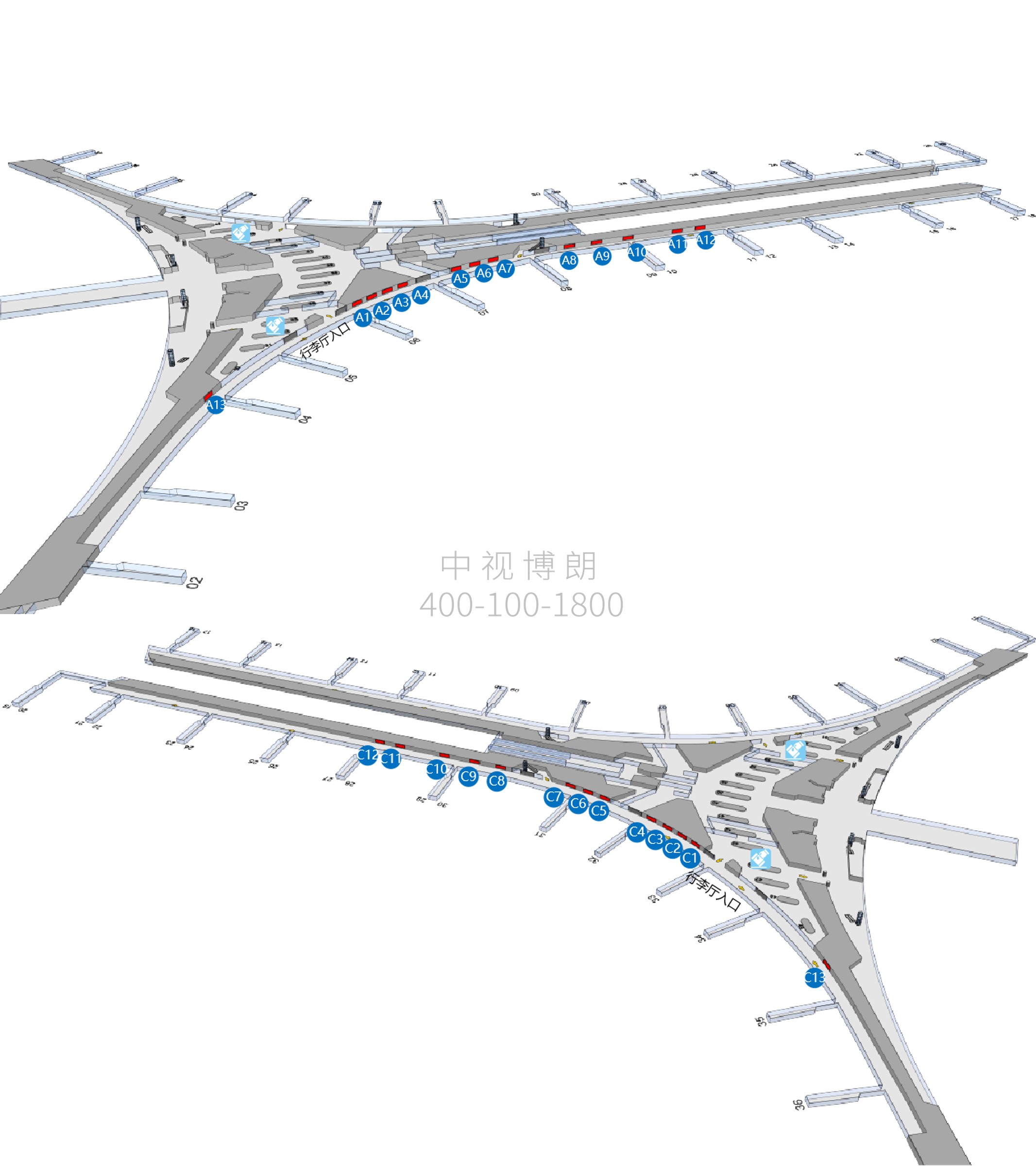 北京首都机场广告-T3C到达走廊灯箱位置图