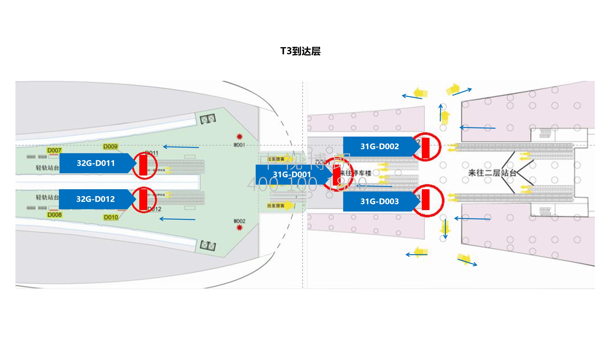 北京首都机场广告-T3客流汇集扶梯口5台LED屏位置图