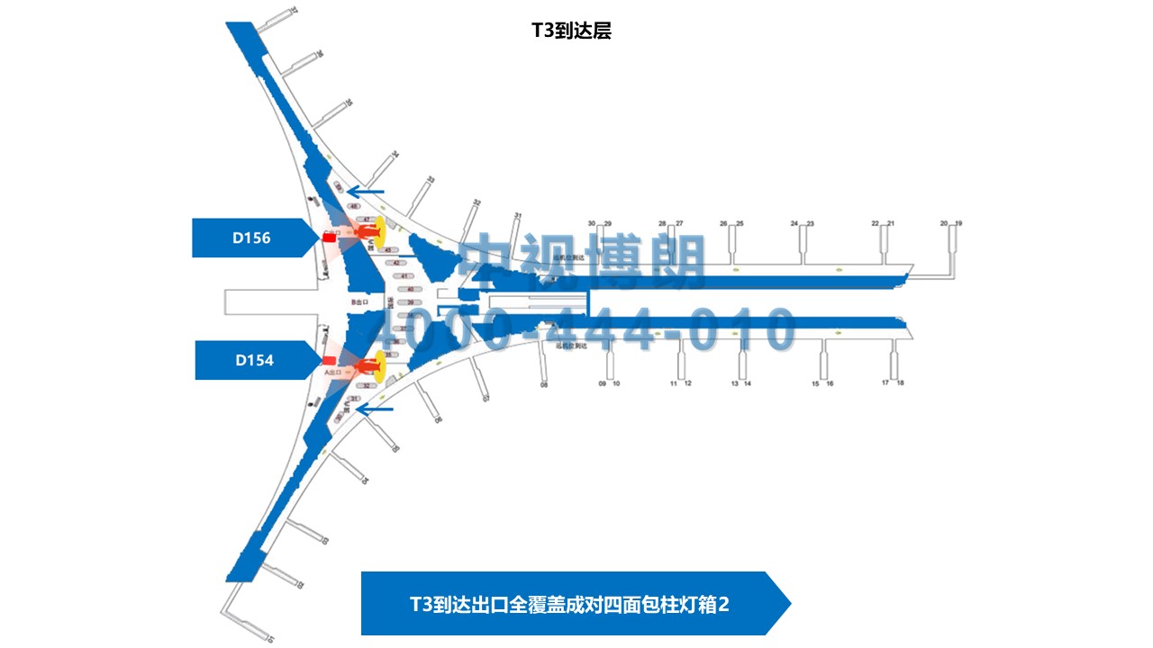 北京首都机场广告-T3到达出口包柱灯箱套装B位置图