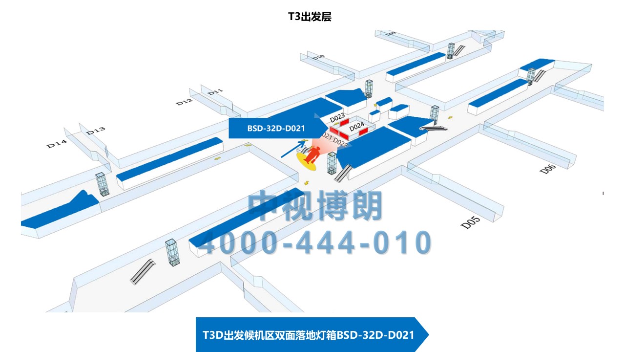 北京首都机场广告-T3候机区落地灯箱D021位置图