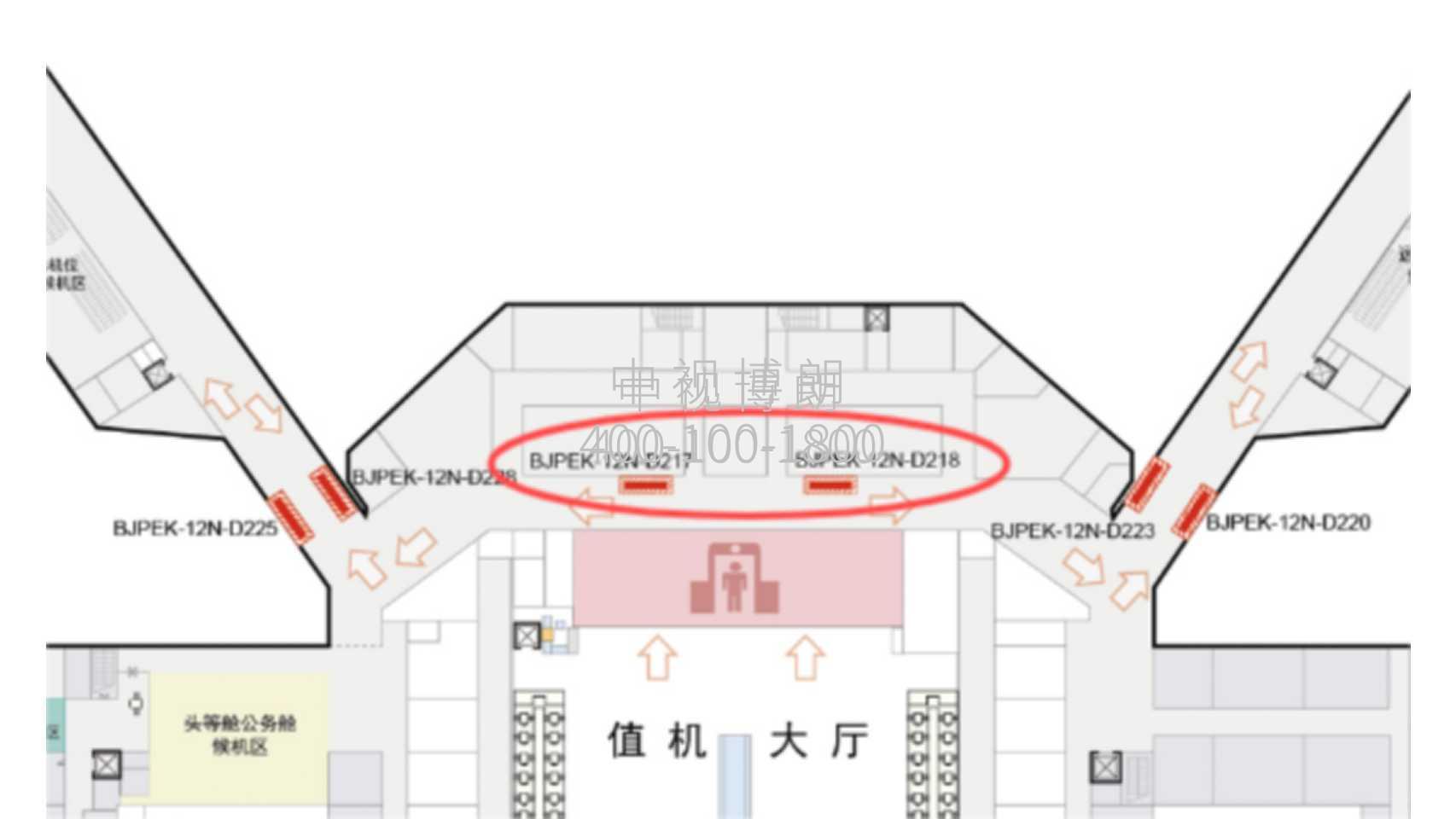 北京首都机场广告-T1国内出发到达包柱灯箱套装位置图