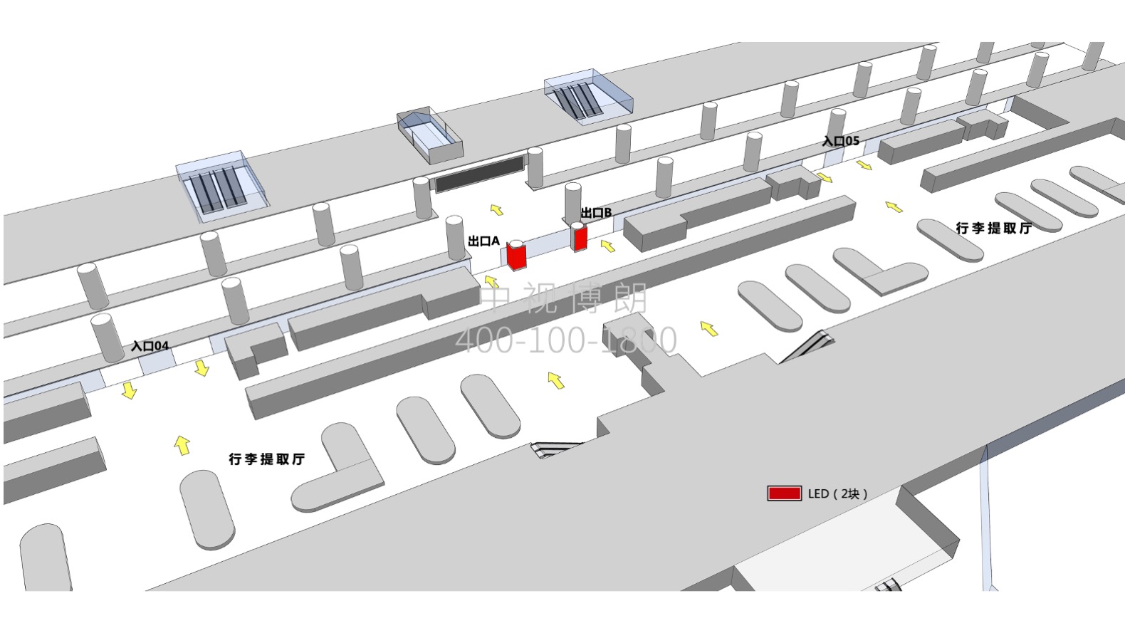 成都双流机场广告-T2到达迎客厅出口LED竖屏位置图