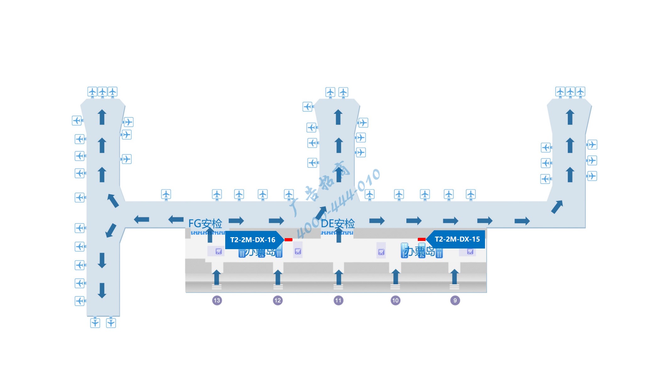 成都双流机场广告-出发厅扶梯口灯箱套装位置图