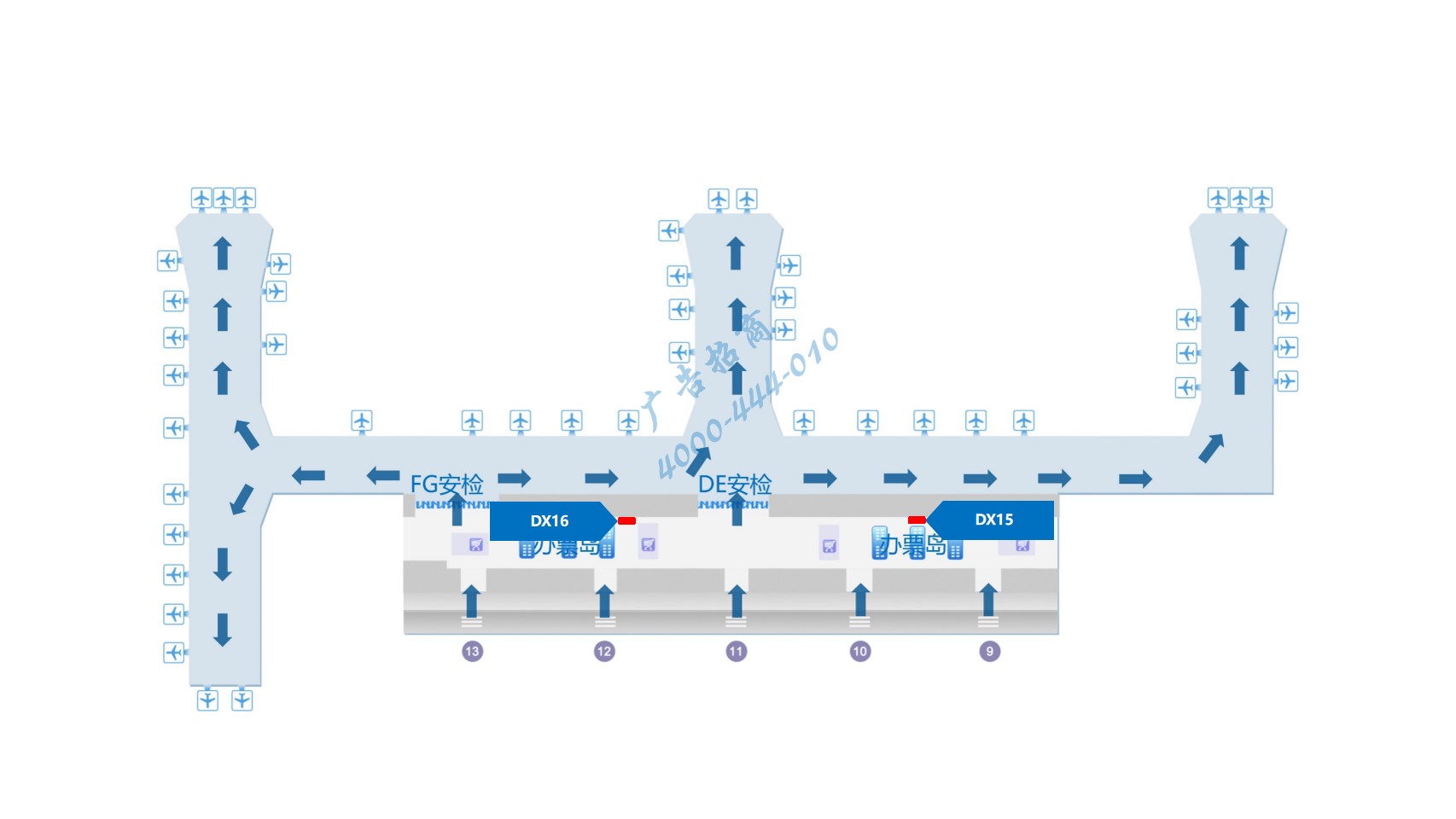 成都双流机场广告-出发扶梯口灯箱套装位置图