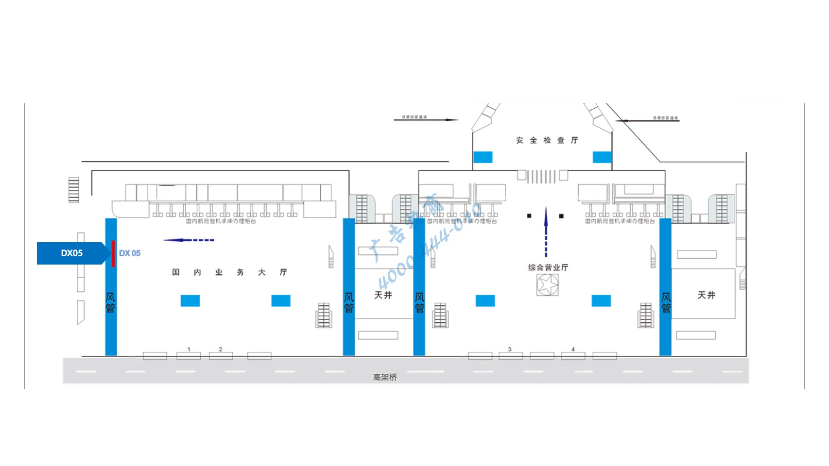 成都双流机场广告-国内出发大厅高处灯箱1位置图