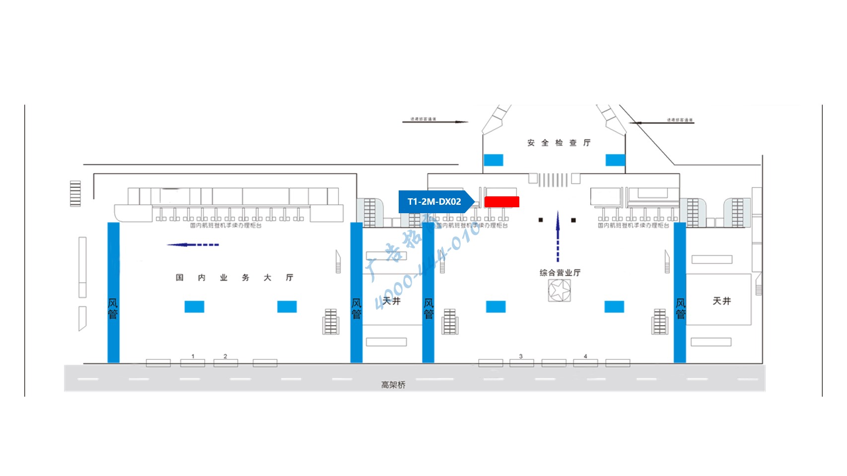 成都双流机场广告-国内出发大厅高处灯箱2位置图