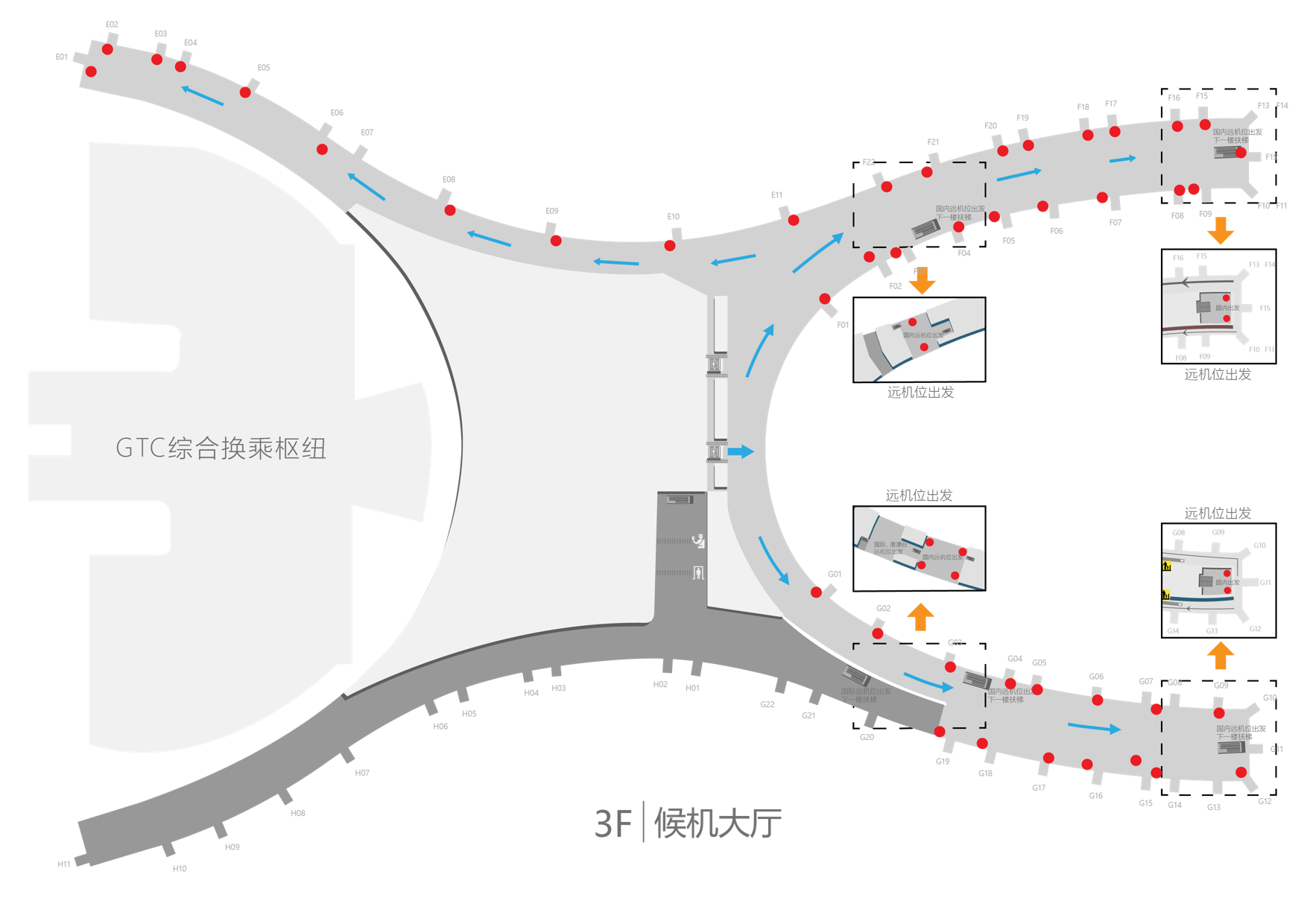 重庆江北机场广告-T3国内出发登机口LED屏套装位置图