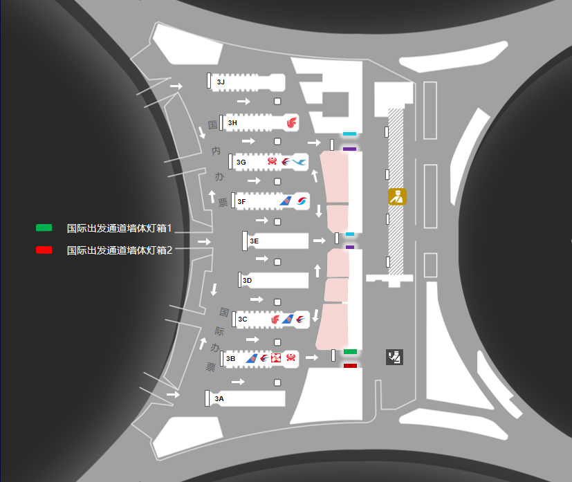 重庆江北机场广告-T3国际出发通道灯箱位置图