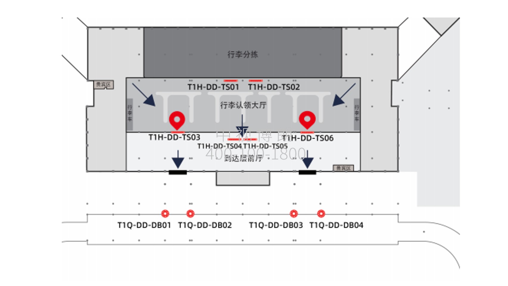 长沙黄花机场广告-T1国内到达行李厅墙面灯箱套装位置图
