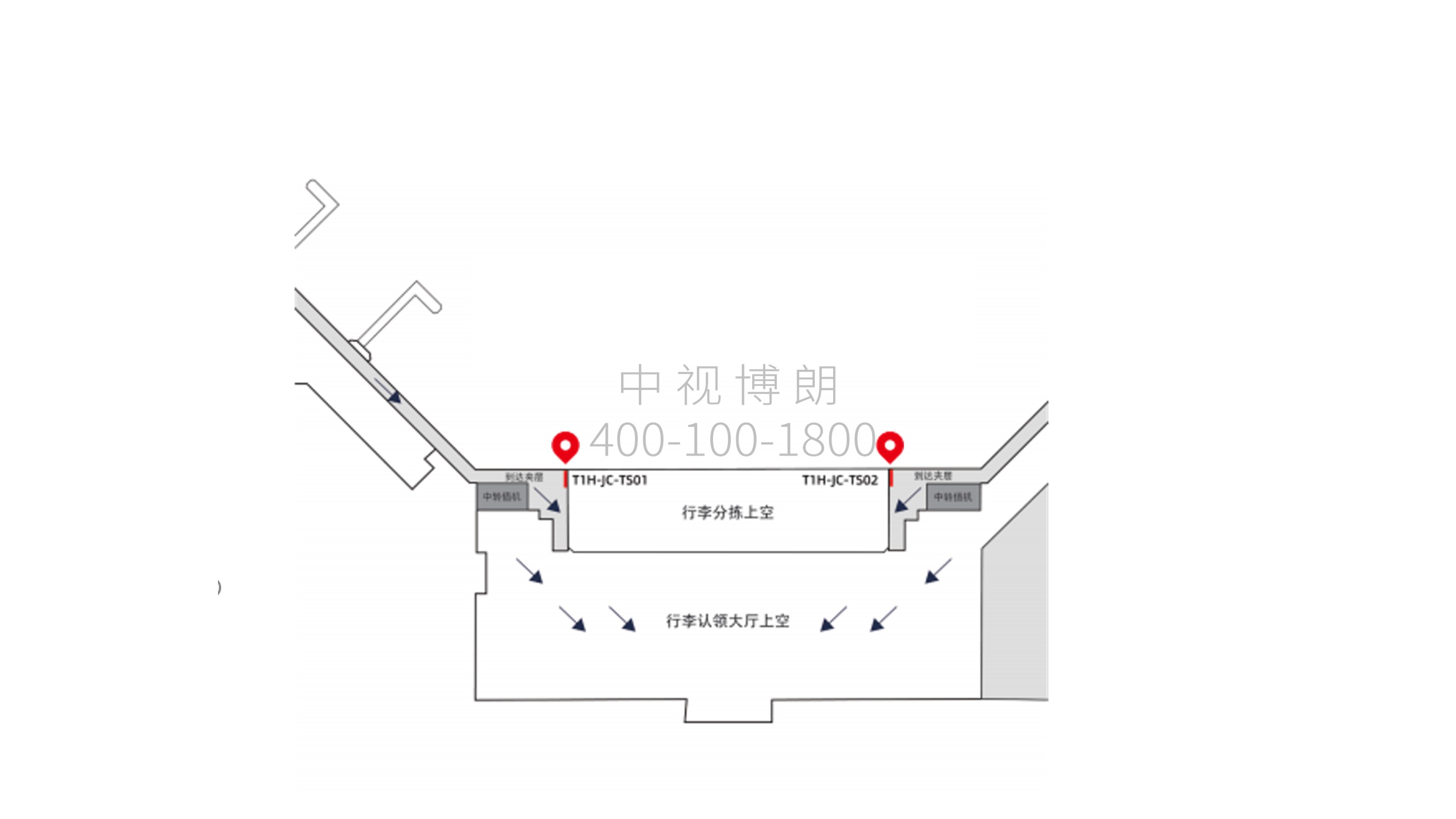 长沙黄花机场广告-T1国内到达通廊墙面灯箱套装位置图