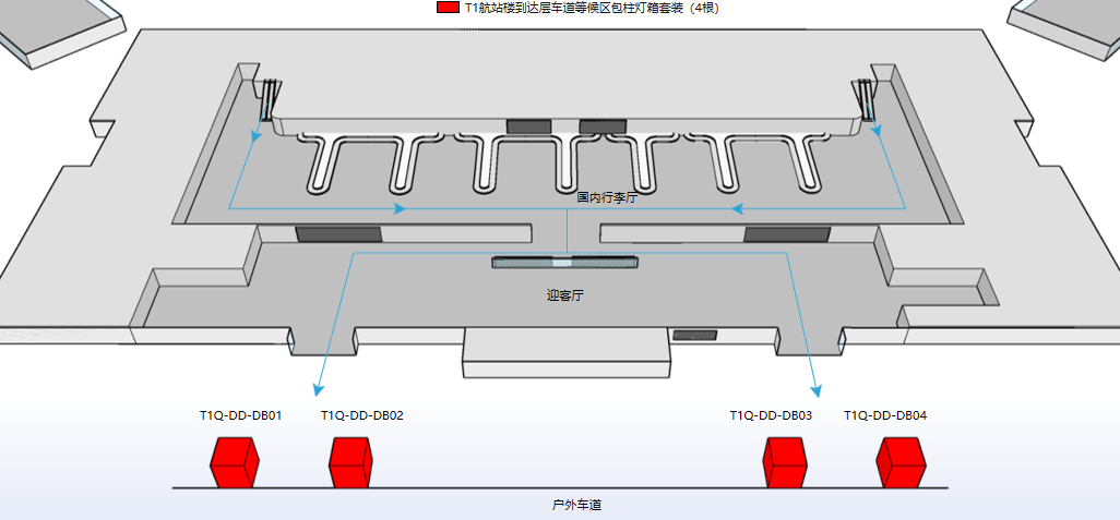 长沙黄花机场广告-T1到达层车道等候区包柱灯箱套装位置图