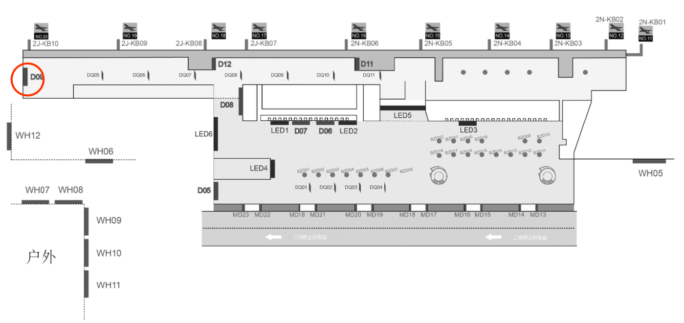 大连周水子机场广告-国内出发大厅灯箱D09位置图