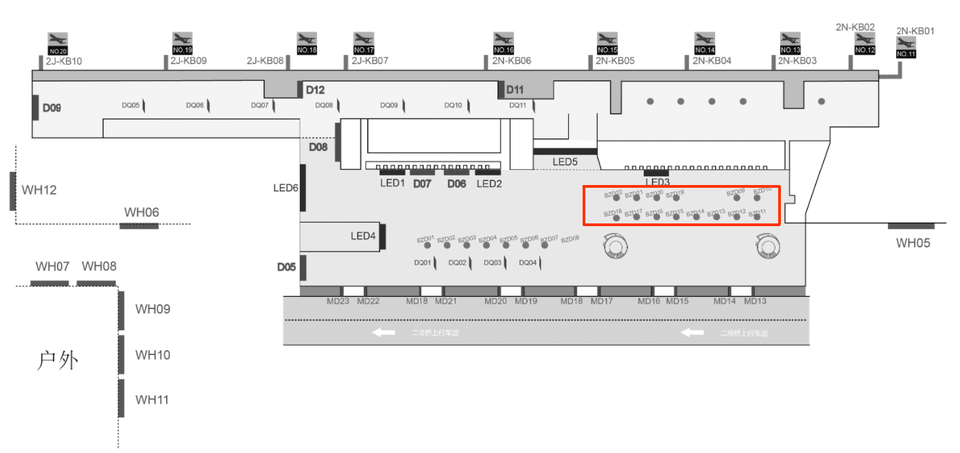 大连周水子机场广告-国内出发大厅包柱灯箱套装BZD(09-22)位置图