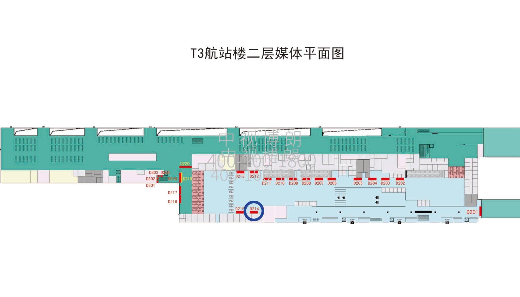 大连周水子机场广告-国际出发大厅灯箱D214,215位置图