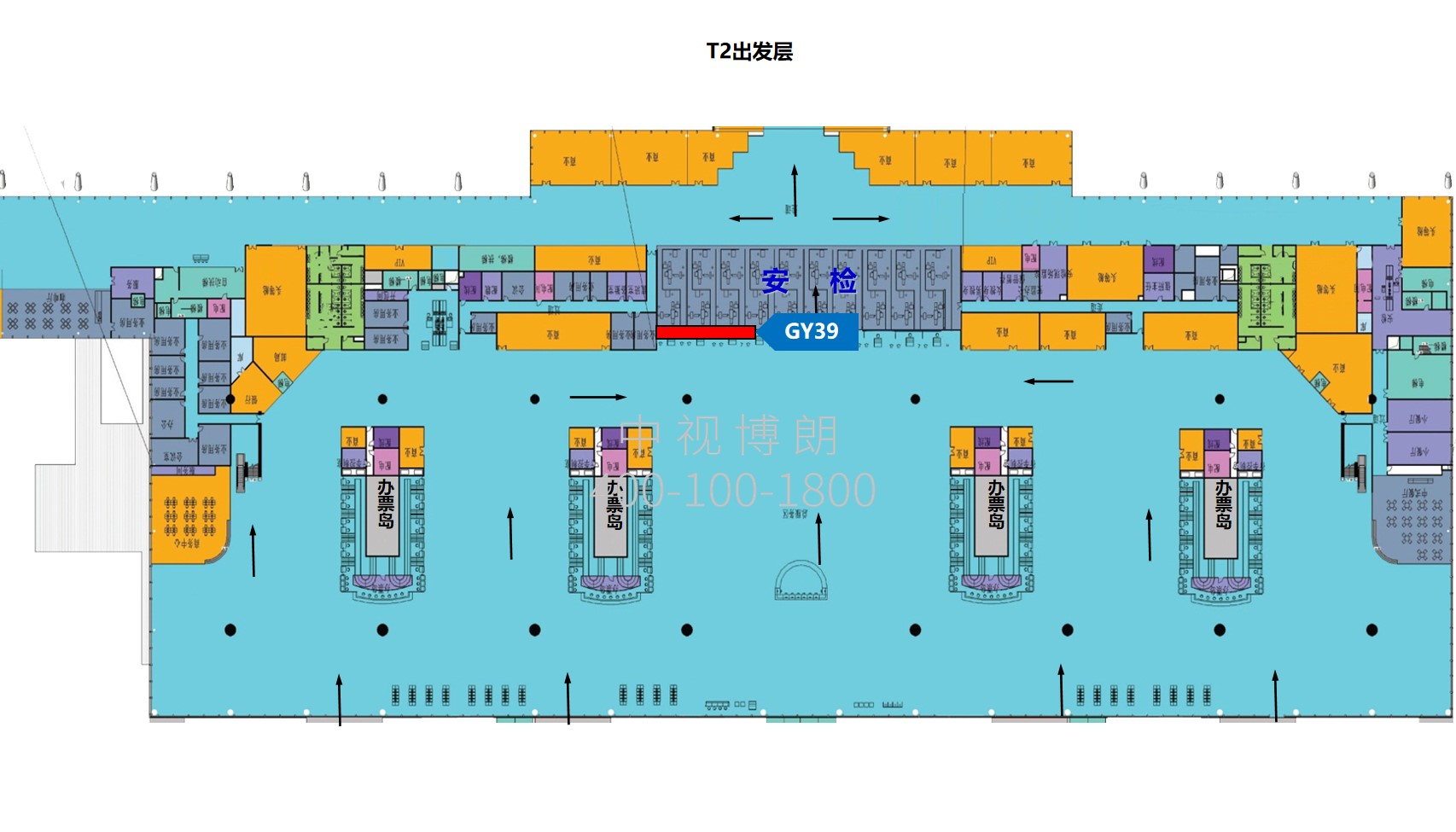 贵阳龙洞堡国际机场广告-T2出发安检口上方左侧灯箱位置图