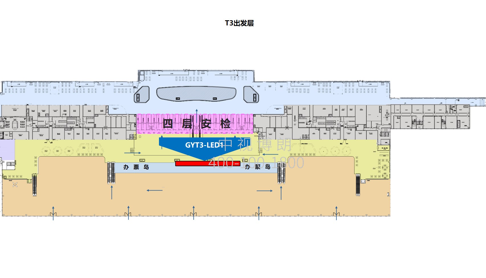 贵阳龙洞堡国际机场广告-T3出发办票岛上方LED大屏位置图