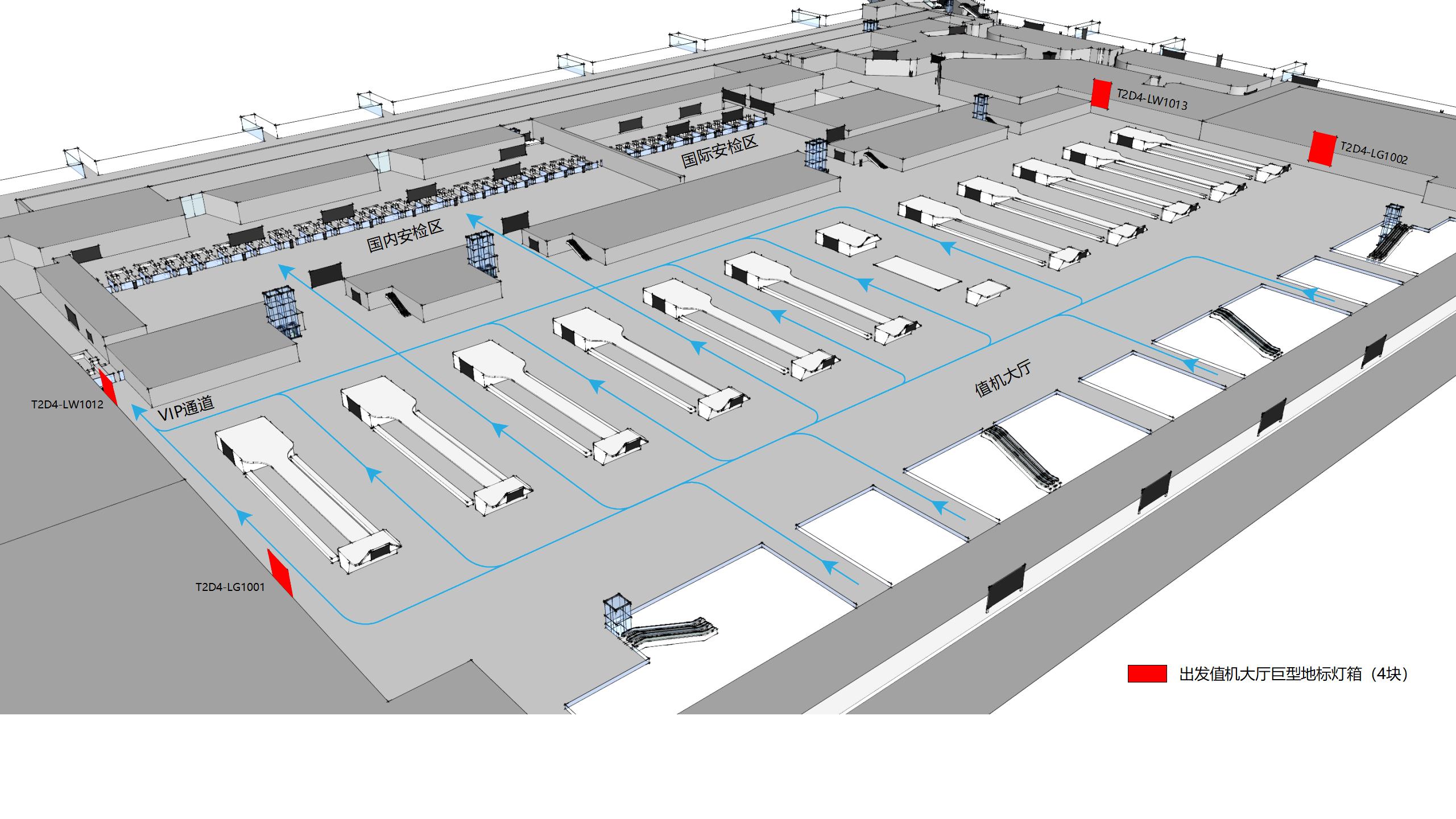 广州白云机场广告-T2出发值机大厅灯箱位置图