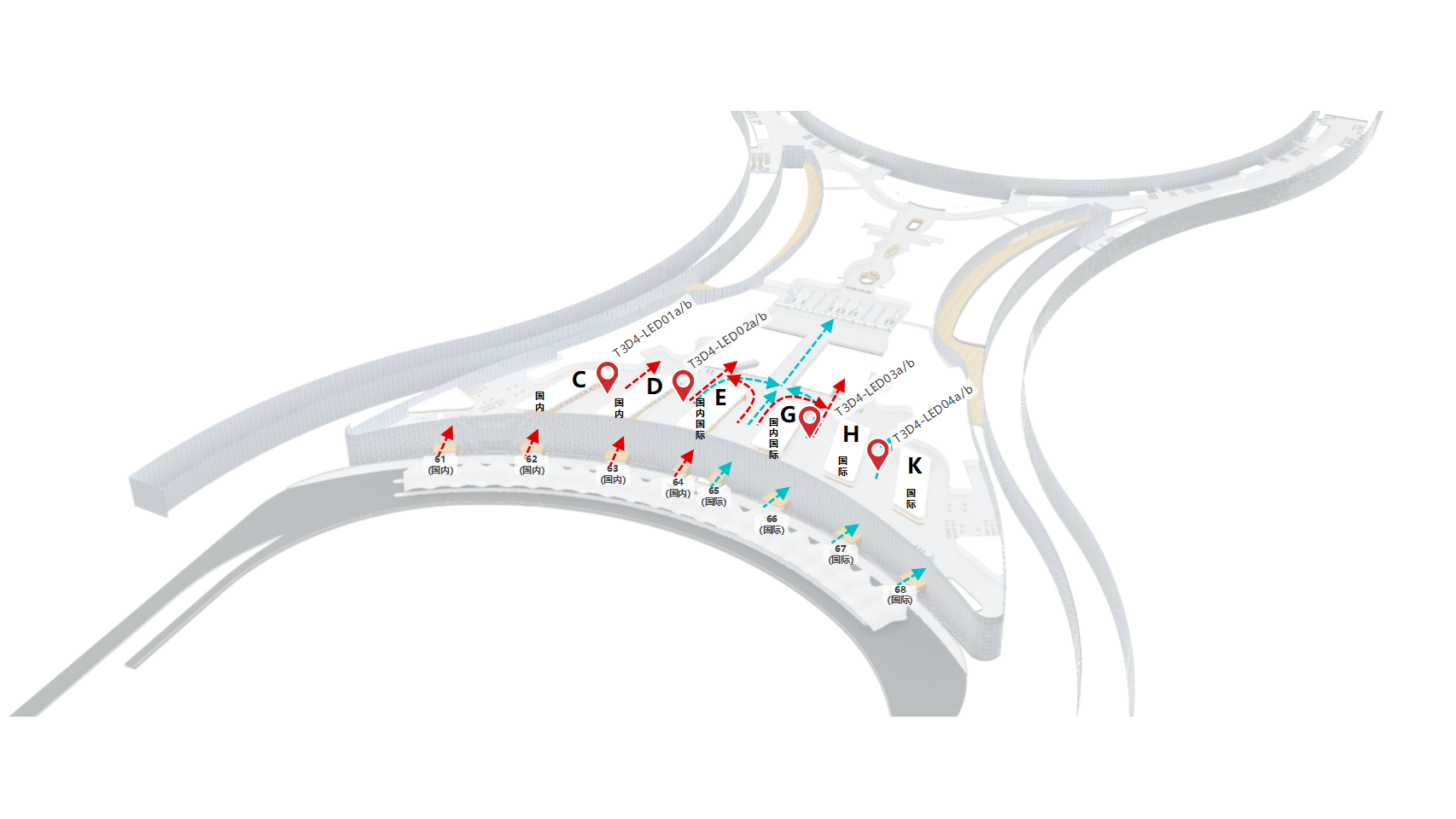 广州白云机场广告-T3值机大厅上方LED屏套装位置图