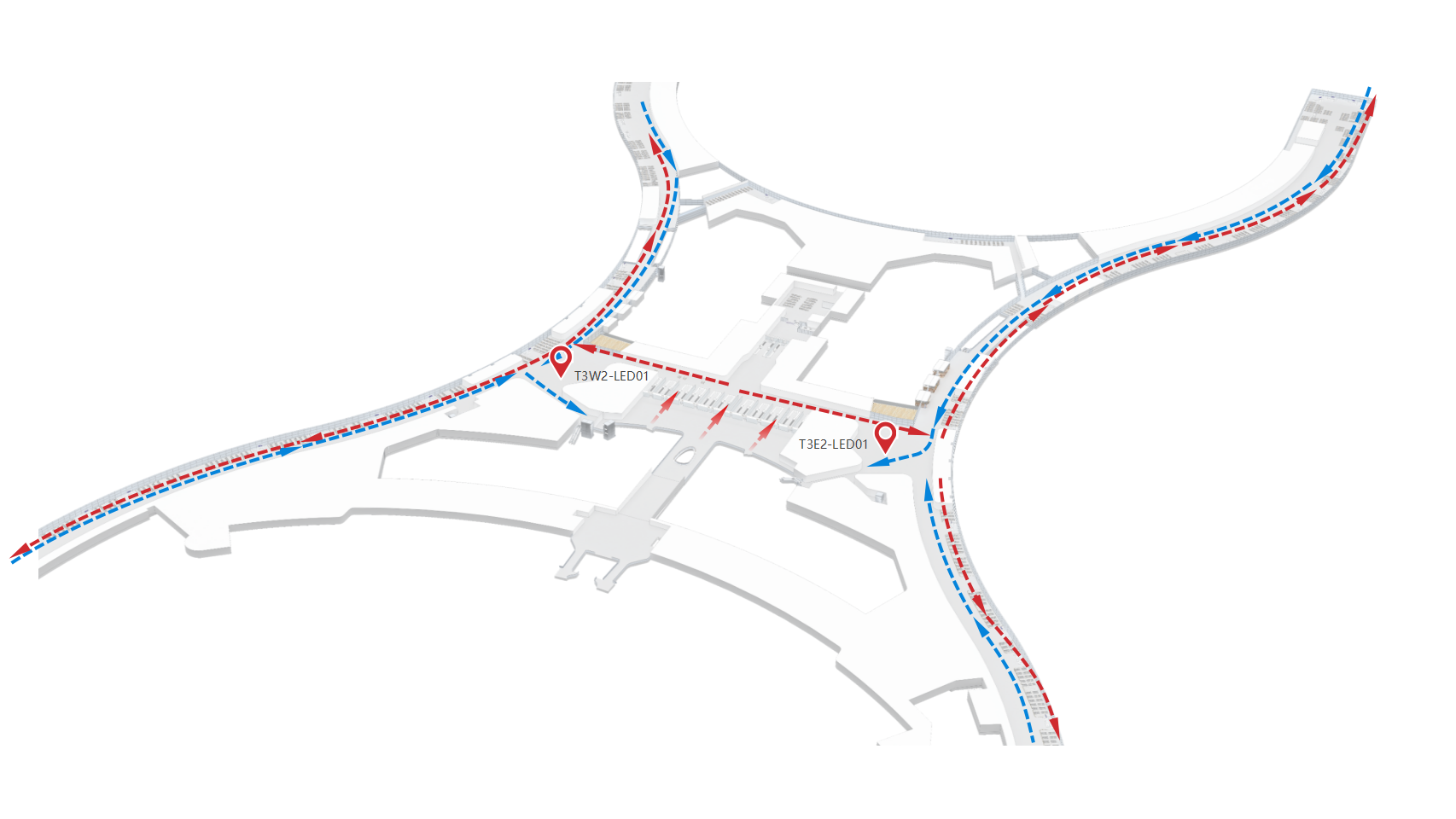 广州白云机场广告-T3国内混流商业区LED屏包柱套装位置图