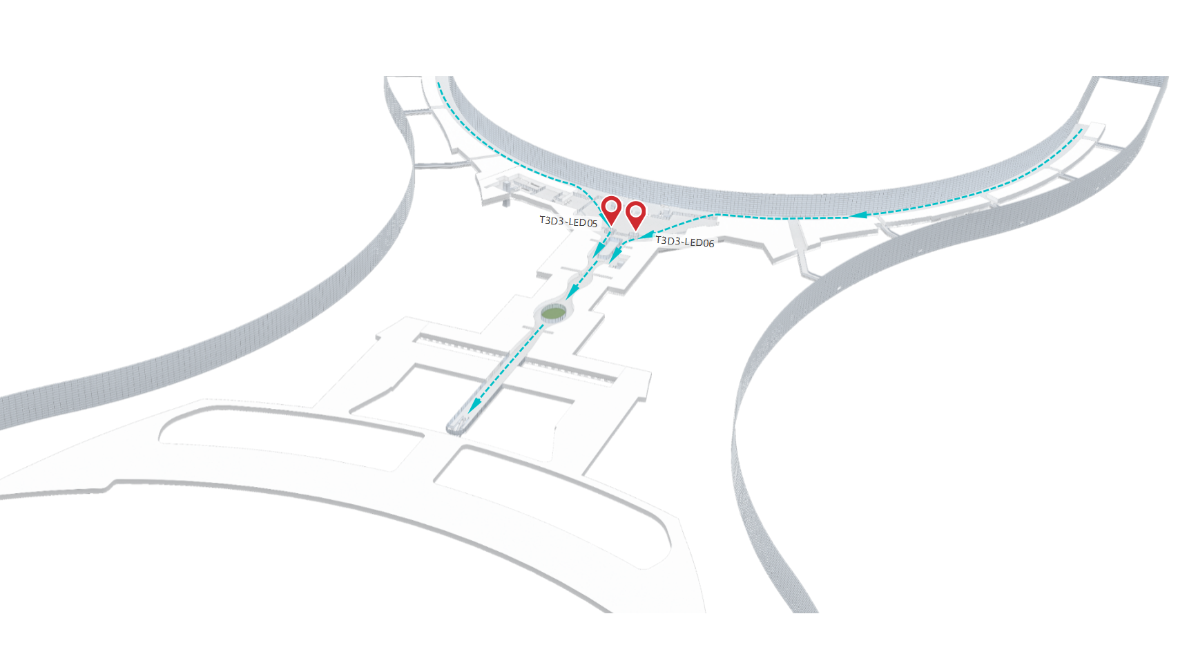 广州白云机场广告-T3国际到达通廊上方LED屏位置图