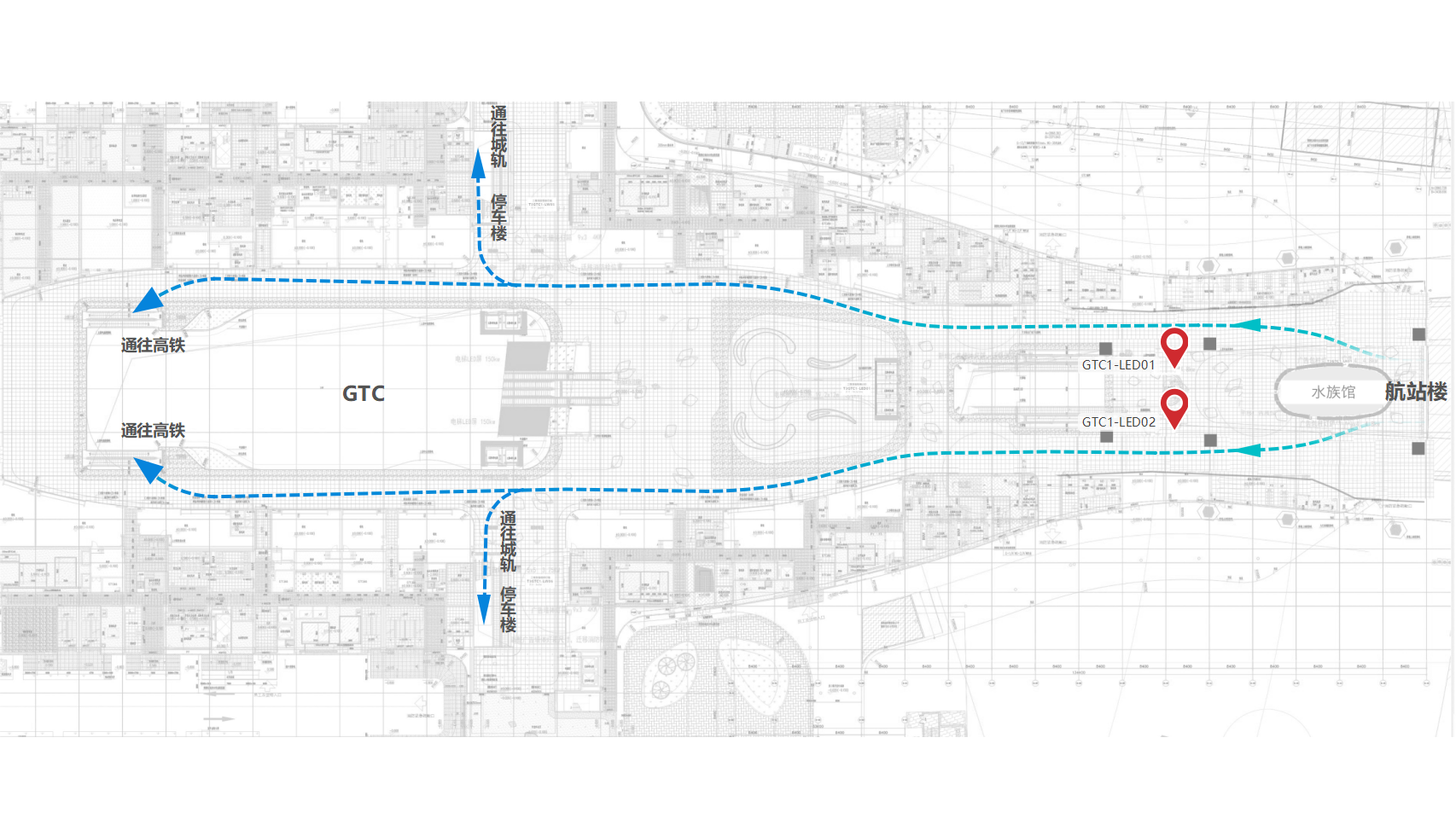 广州白云机场广告-T3往GTC一层到达通道LED包柱位置图