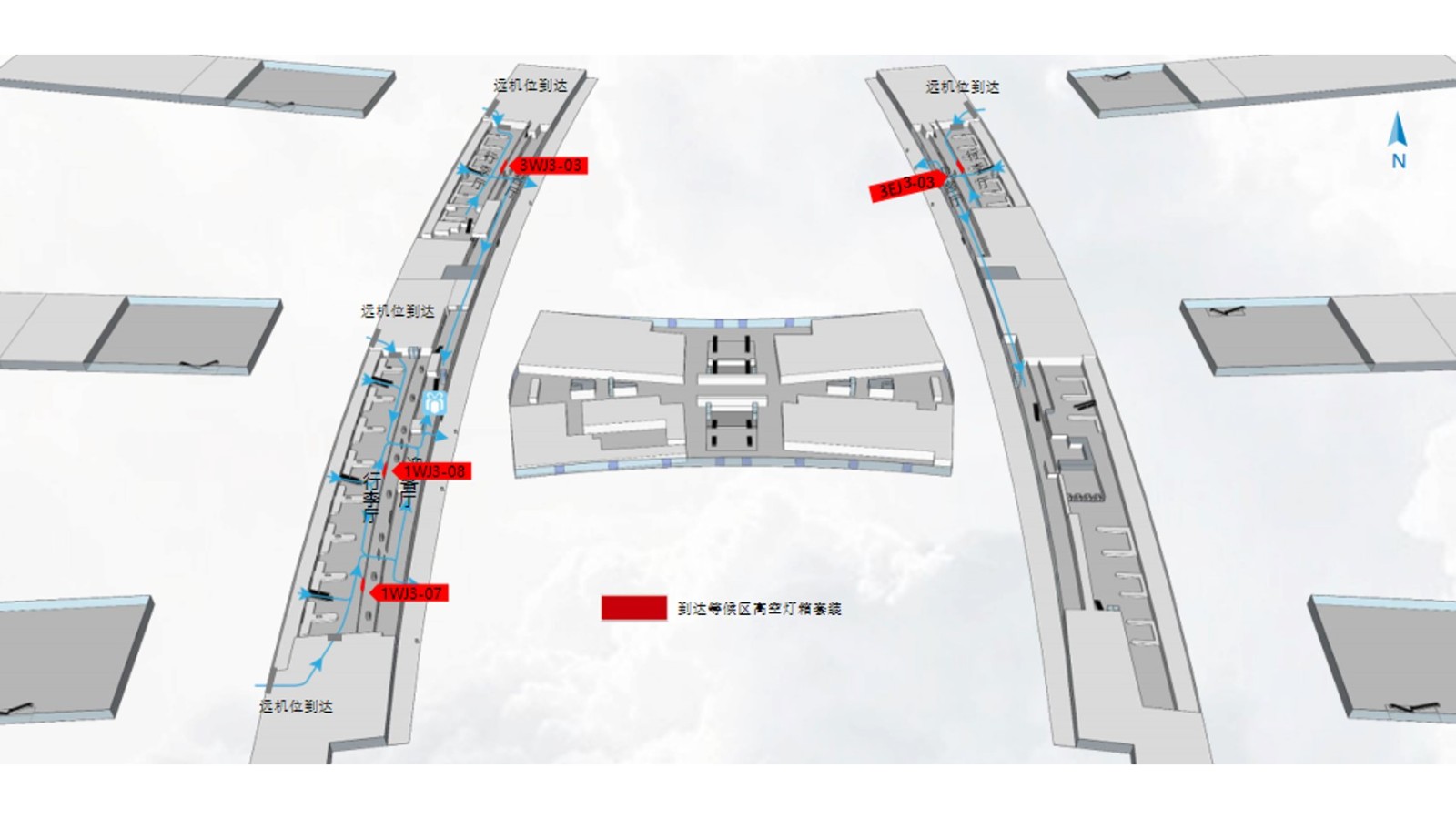 广州白云机场广告-T1国内到达迎客厅高空灯箱套装位置图
