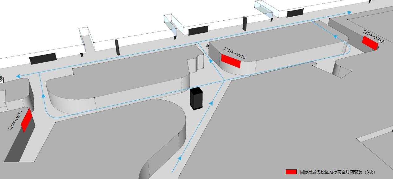 广州白云机场广告-T2国际出发免税区高空灯箱套装位置图