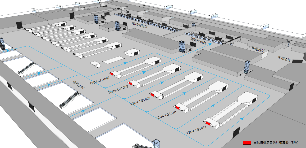 广州白云机场广告-T2国际出发值机厅灯箱套装位置图