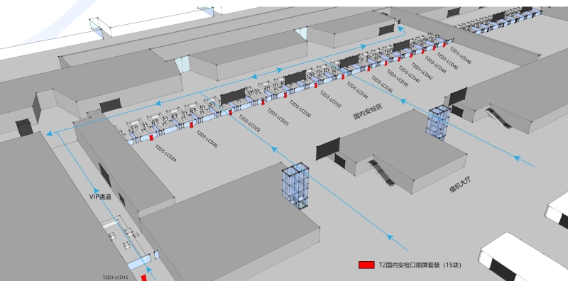 广州白云机场广告-T2国内出发安检口刷屏套装位置图
