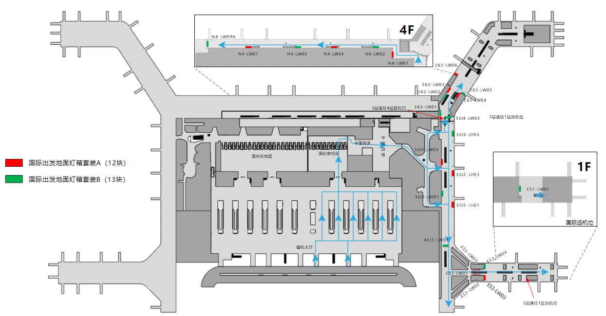 广州白云机场广告-T2国际出发通廊灯箱套装1位置图