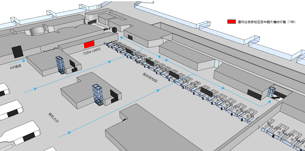 广州白云机场广告-T2国内出发安检区墙体灯箱位置图