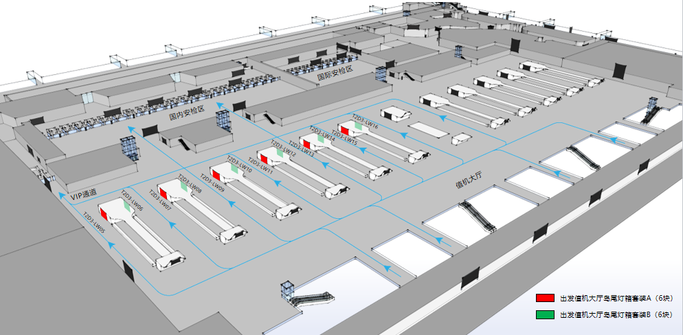 广州白云机场广告-T2国内出发值机厅岛尾灯箱套装位置图